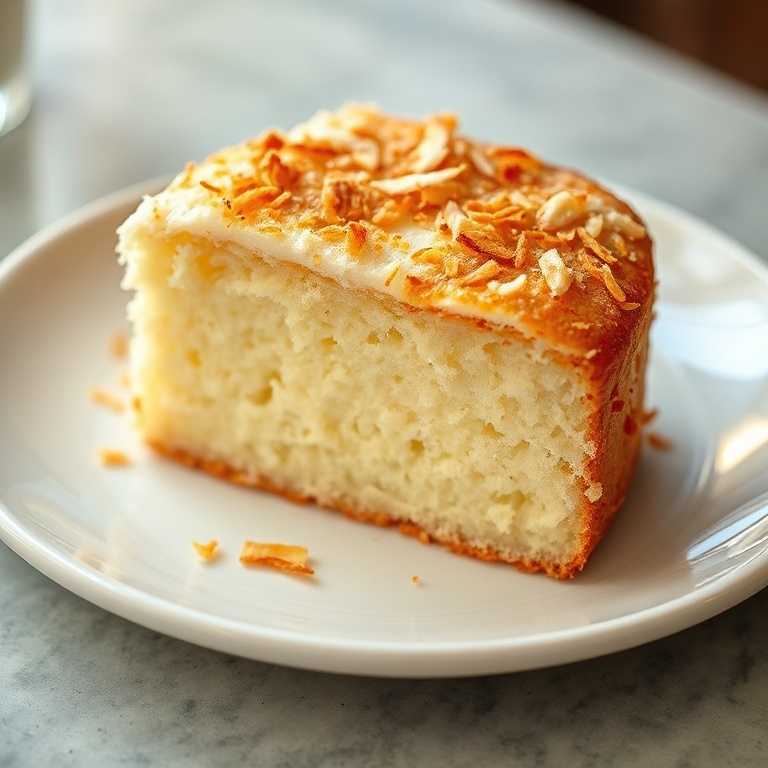 Single Portuguese coconut cake on a white ceramic dessert plate, garnished with toasted coconut flakes, warm side lighting highlighting crisp edges