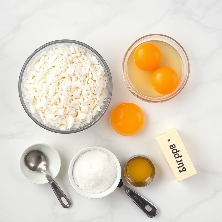 Overhead flat lay of shredded coconut, all-purpose flour, granulated sugar, eggs, and unsalted butter on white marble with measuring cups and spoons
